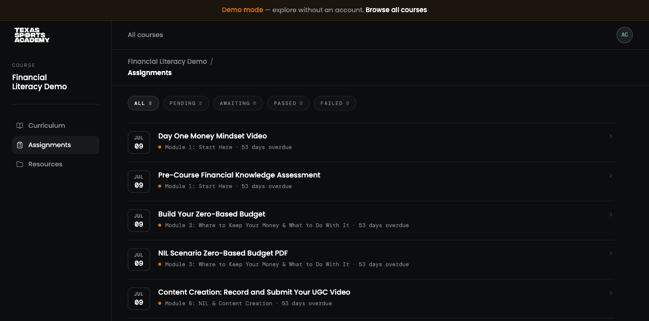 Assignments view filtered by pending, awaiting, passed and failed