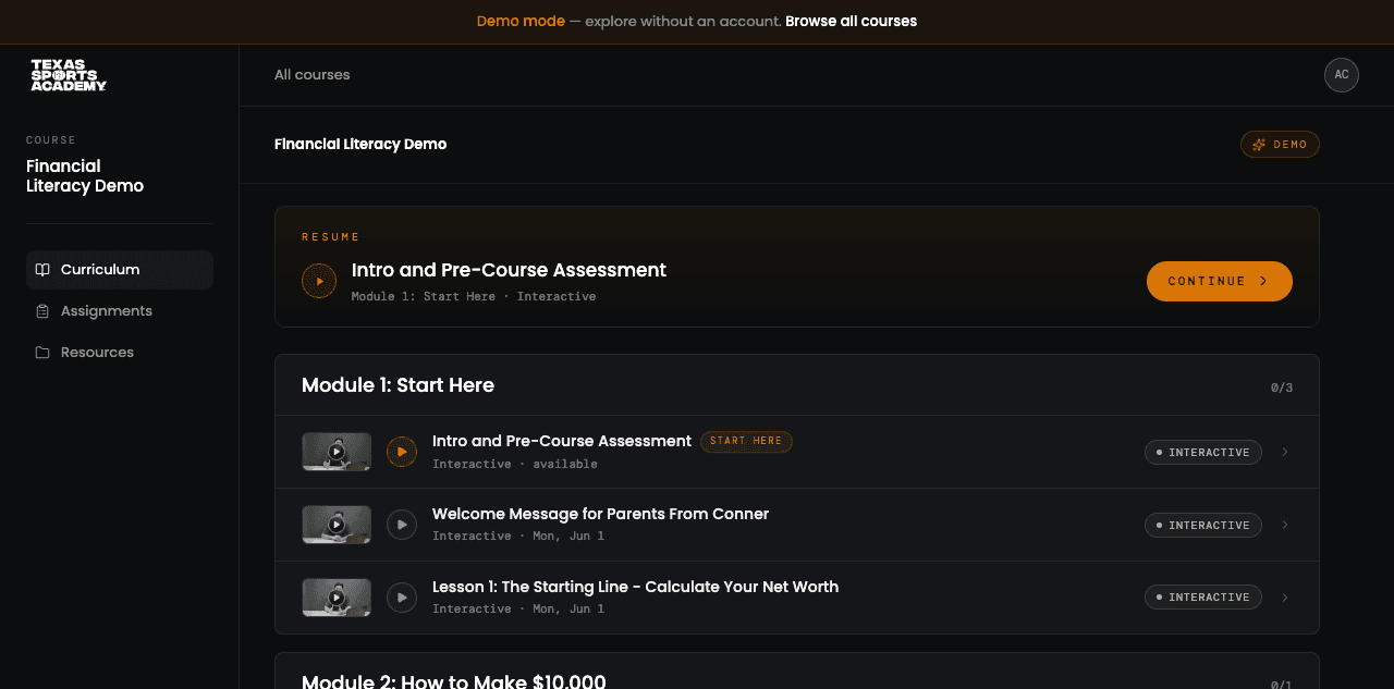 Course curriculum: seven modules of interactive lessons with a resume card at the top