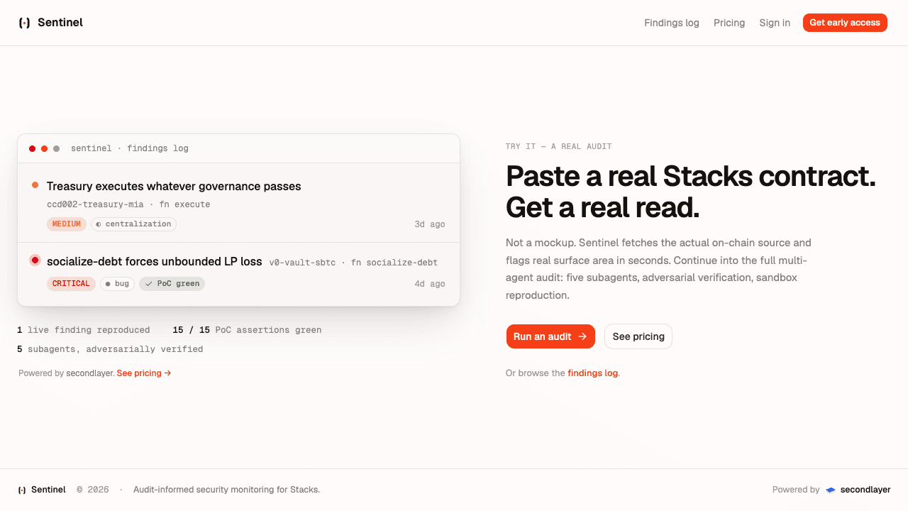 runsentinel.app — Paste a real Stacks contract. Get a real read.